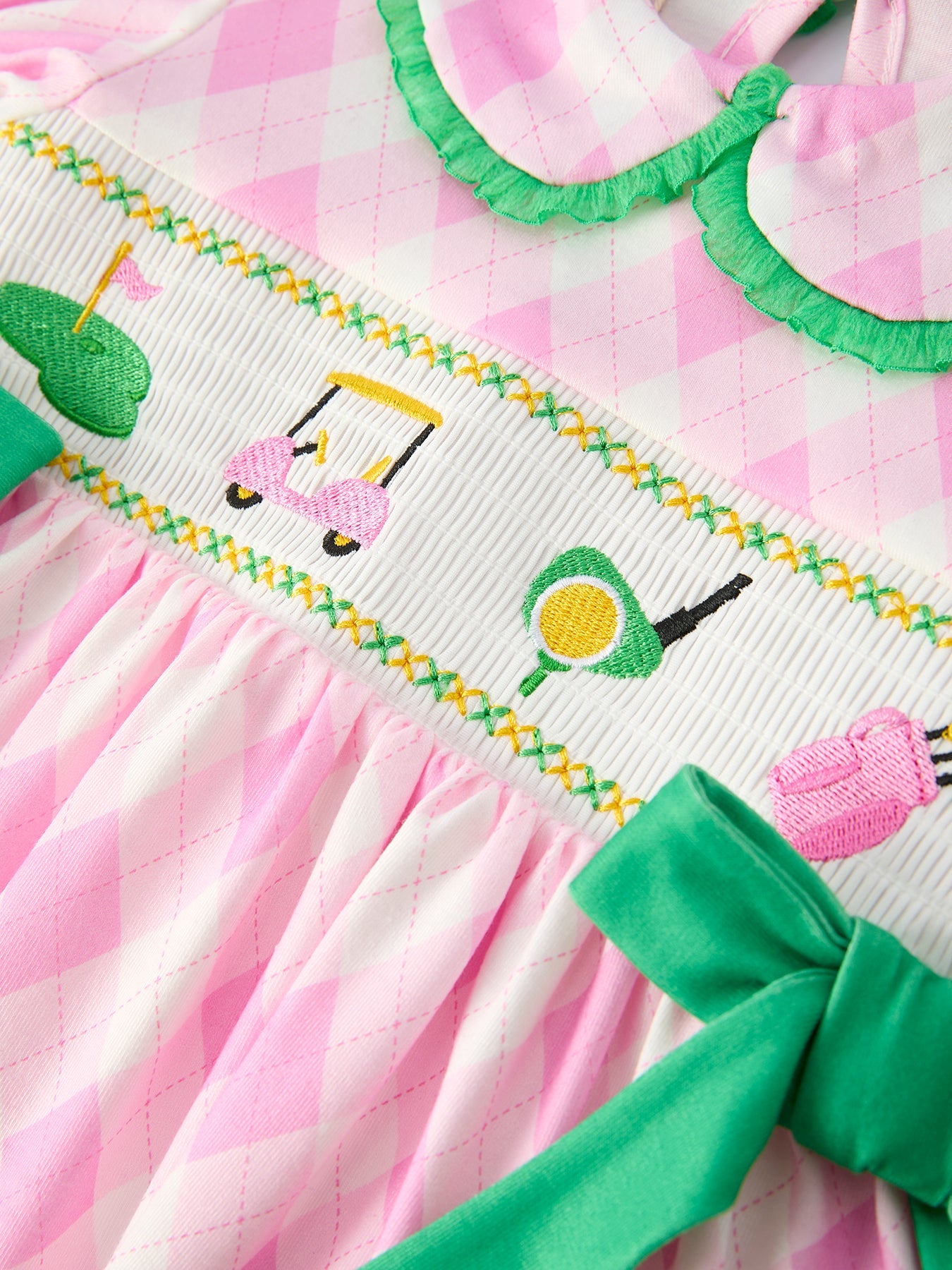 Spring Golf Embroidered Girls Smocked Bow Dress