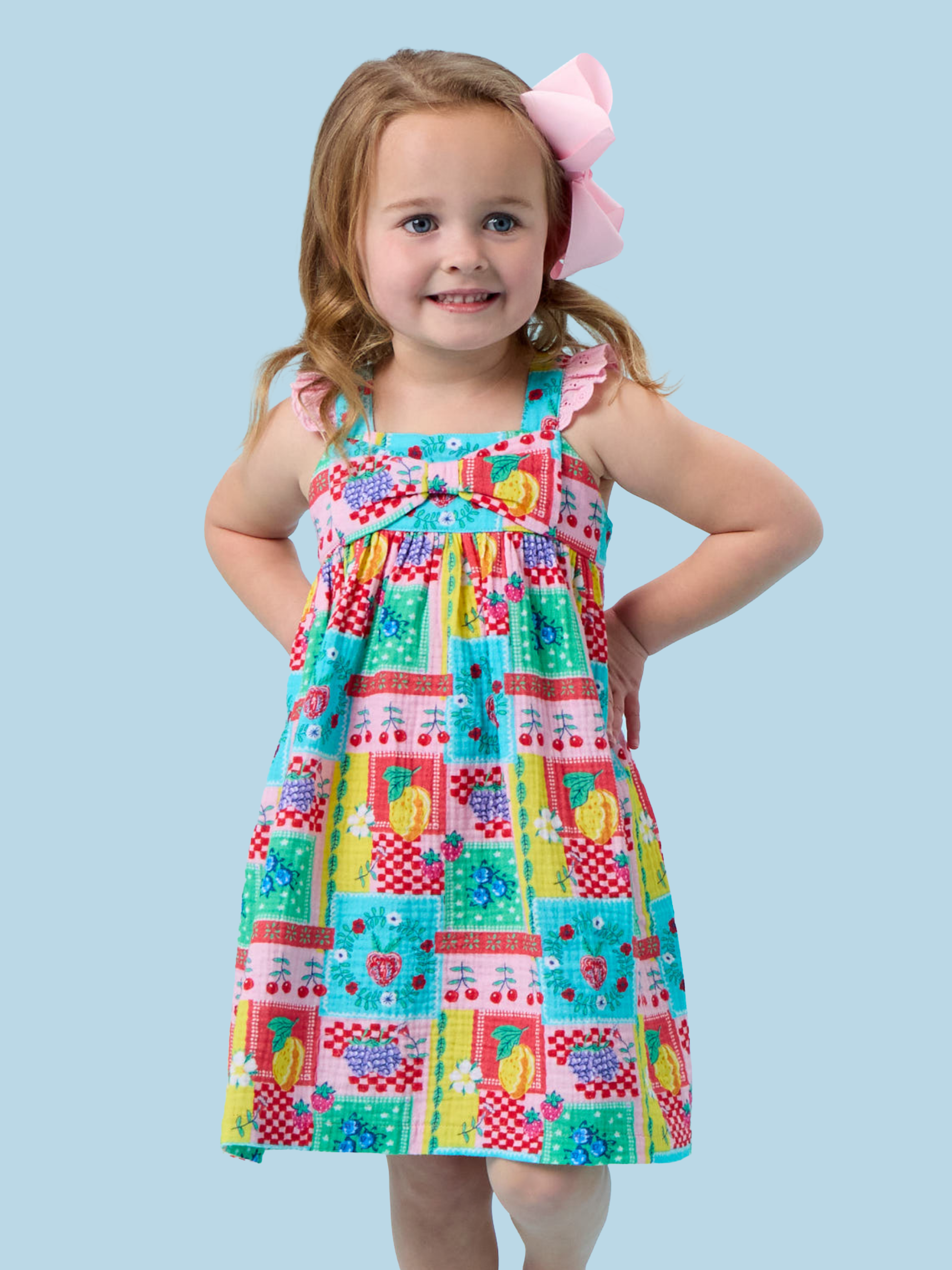 Girls Picnic Party Patchwork Cotton Gauze Flutter Bow Woven Dress