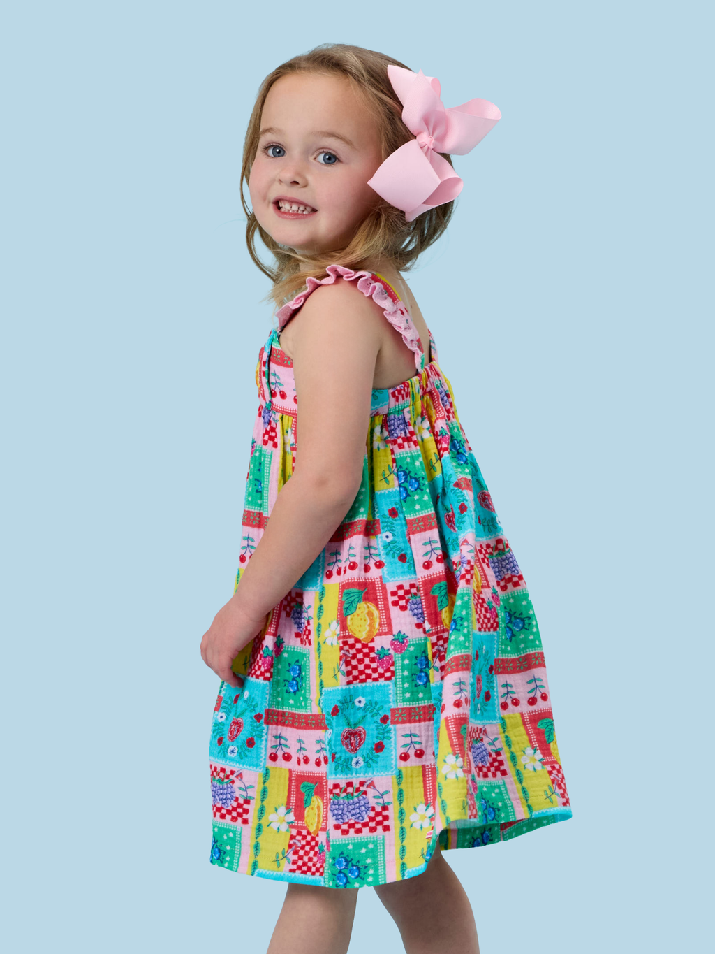 Girls Picnic Party Patchwork Cotton Gauze Flutter Bow Woven Dress