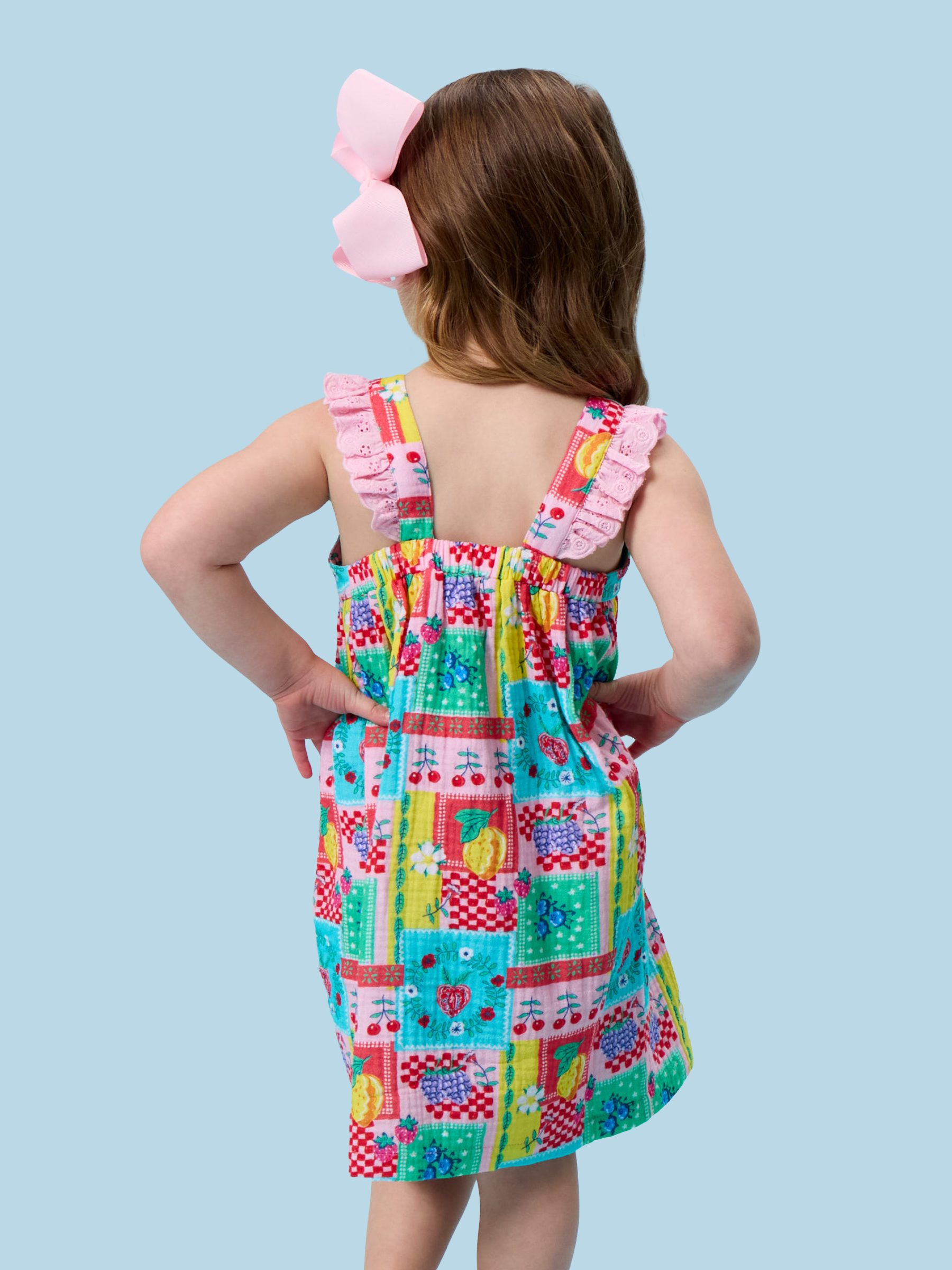 Girls Picnic Party Patchwork Cotton Gauze Flutter Bow Woven Dress