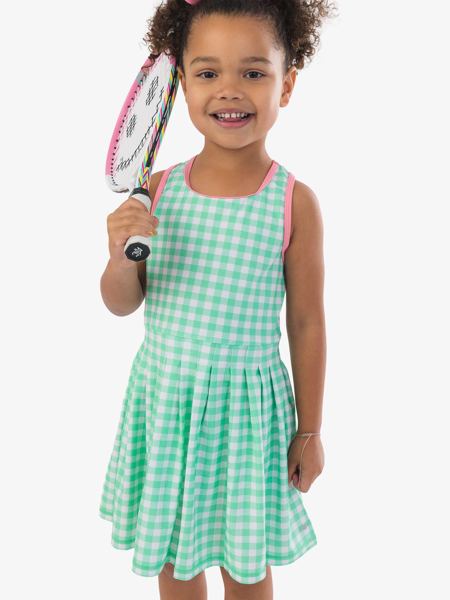 Girls Spring Bud Gingham Pleated Skirt Active Dress & Bike Short Set