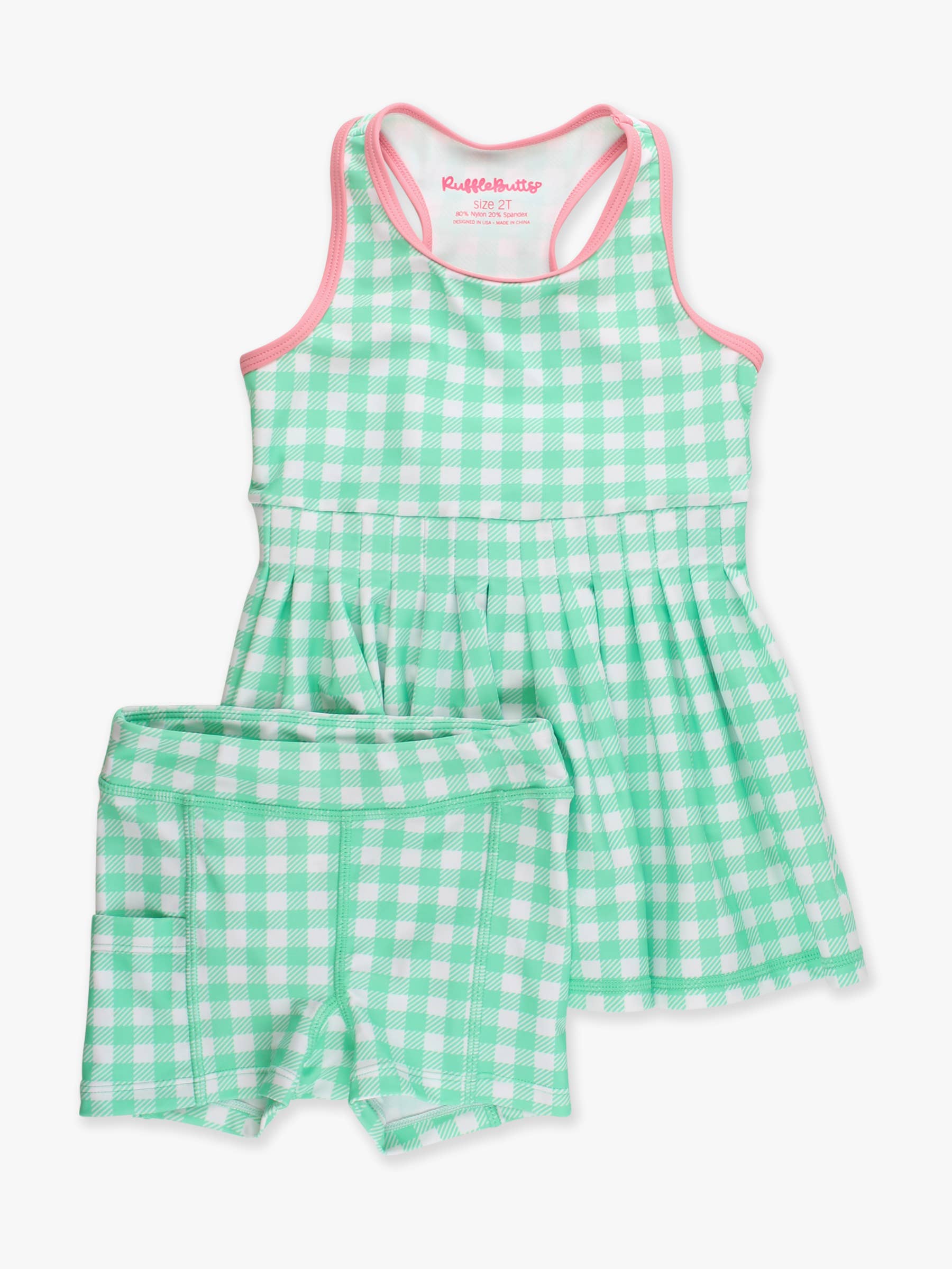 Girls Spring Bud Gingham Pleated Skirt Active Dress & Bike Short Set